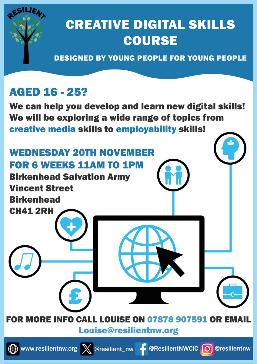 We are about to start a new digital media and employability skills course,  open to anyone 16 to 25 yrs old.

This 2 hour weekly session will be exploring employment options, new hobbies and kick starting confidence.

Email louise@resilientnw.org  to book on or to have a chat.