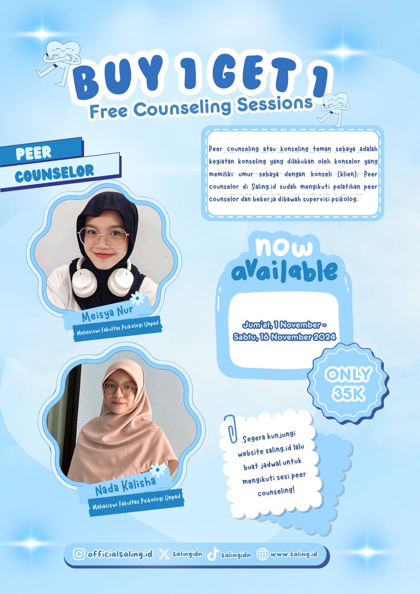 Mau cerita tapi bingung ke siapa? peer counselor saling.id siap jadi teman cerita keluh kesah kamu! saling.id akan memberikan promo BUY 1 GET 1 FREE Counseling Session buat kamu yg mau konseling mulai 1 November 2024! Yuk ikuti sesi konselingnya🚀