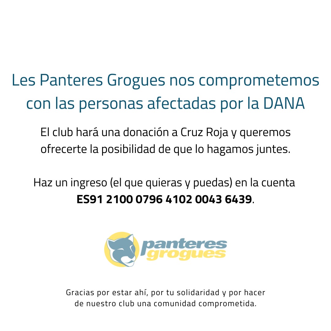 Panteres Grogues (@panteresgrogues) on Twitter photo ¡Más de 2.000 euros recaudados en 48 horas!
Todavía estás a tiempo de sumarte a la solidaridad con las personas afectadas por la DANA.
Haz tu aportación:
ES91 2100 0796 4102 0043 6439
<a href="/ADILGTBSPORTS/">ADI LGTBI+</a> <a href="/CruzRojaEsp/">Cruz Roja Española</a> <a href="/CreuRojaCAT/">Creu Roja Catalunya</a> <a href="/eglsf/">EGLSF</a> <a href="/plataformalgbti/">PlataformaLGTBIcat</a> ¡Más de 2.000 euros recaudados en 48 horas!
Todavía estás a tiempo de sumarte a la solidaridad con las personas afectadas por la DANA.
Haz tu aportación:
ES91 2100 0796 4102 0043 6439
<a href="/ADILGTBSPORTS/">ADI LGTBI+</a> <a href="/CruzRojaEsp/">Cruz Roja Española</a> <a href="/CreuRojaCAT/">Creu Roja Catalunya</a> <a href="/eglsf/">EGLSF</a> <a href="/plataformalgbti/">PlataformaLGTBIcat</a>