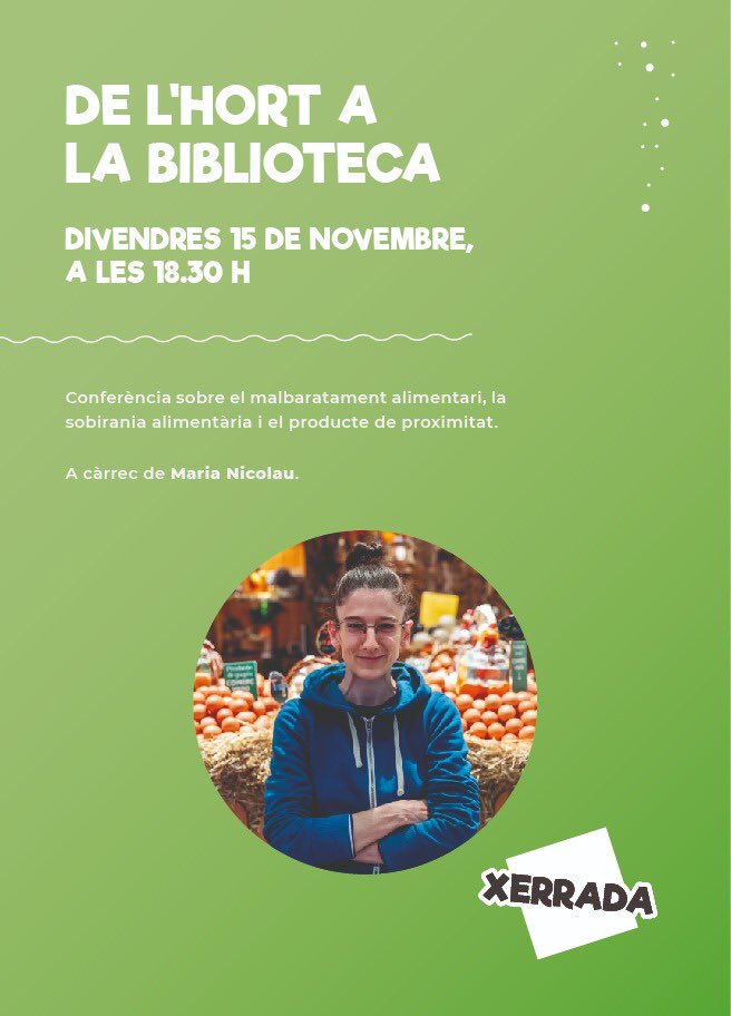 biblioametlla (@biblioametlla) on Twitter photo 🌱DE L’HORT A LA BIBLIOTECA🌱
🔗tuit.cat/daGDo
✅ Dimecres 13/11 18 h
Xerrada i tast amb Pep Salsetes
INSCRIPCIONS
🔗tuit.cat/91n37
✅ Divendres 15/11 18.30 h
*🌱Xerrada amb Maria Nicolau
<a href="/AjAmetllaValles/">Ajuntament de l'Ametlla del Vallès</a> <a href="/bibliotequesXBM/">BibliotequesXBM</a> <a href="/bibliotequescat/">Biblioteques</a> <a href="/MAlbercocs/">Maria Nicolau</a> 🌱DE L’HORT A LA BIBLIOTECA🌱
🔗tuit.cat/daGDo
✅ Dimecres 13/11 18 h
Xerrada i tast amb Pep Salsetes
INSCRIPCIONS
🔗tuit.cat/91n37
✅ Divendres 15/11 18.30 h
*🌱Xerrada amb Maria Nicolau
<a href="/AjAmetllaValles/">Ajuntament de l'Ametlla del Vallès</a> <a href="/bibliotequesXBM/">BibliotequesXBM</a> <a href="/bibliotequescat/">Biblioteques</a> <a href="/MAlbercocs/">Maria Nicolau</a>