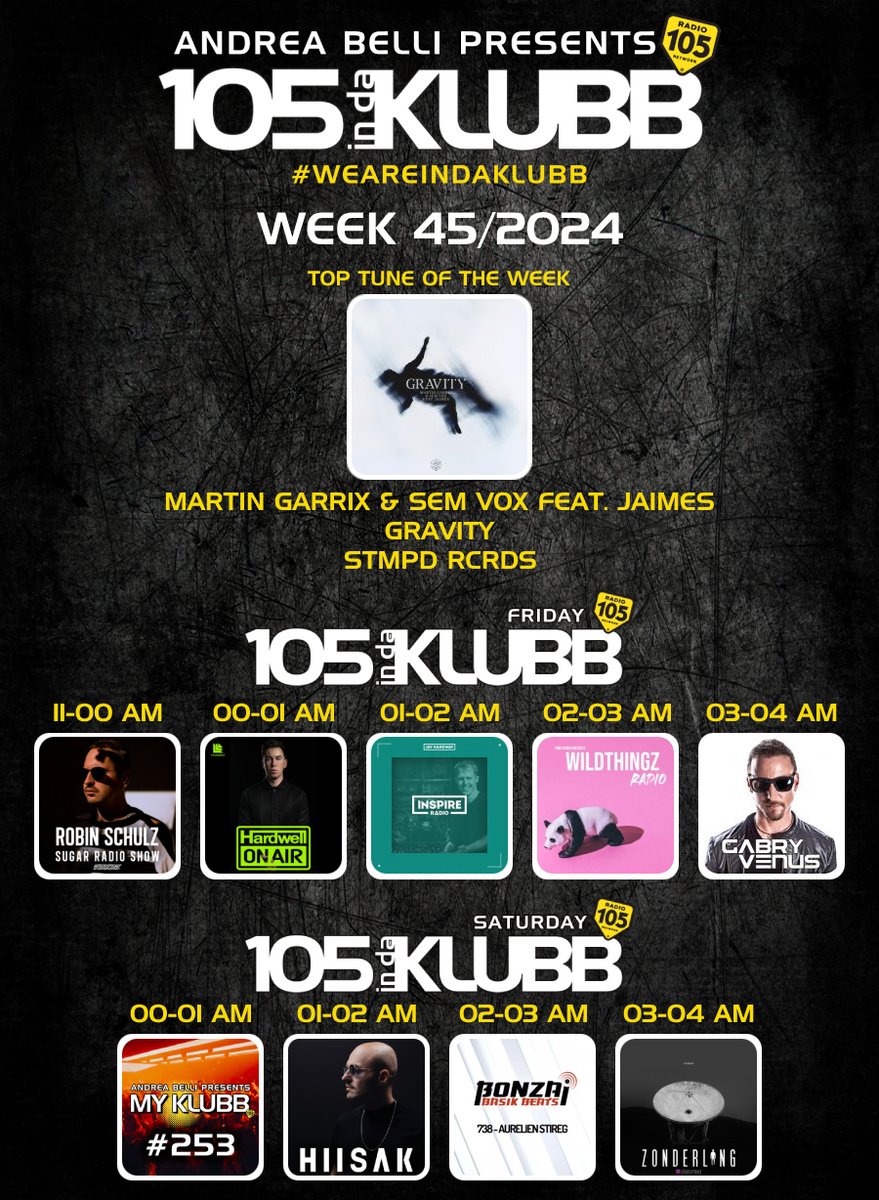 105 InDaKlubb (@105indaklubb) on Twitter photo LINE UP WEEK 45/2024
β
#TOPTUNE OF THE WEEK
<a href="/MartinGarrix/">MARTIN GARRIX</a>
<a href="/SemVox_/">Sem Vox</a>
Gravity
<a href="/stmpdrcrds/">STMPD RCRDS</a>
β
<a href="/robin_schulz/">Robin Schulz</a>
<a href="/HARDWELL/">Hardwell</a>
<a href="/jayhardway/">JΞY HΞRDWΞY</a>
<a href="/pinkpandadjs/">Pink Panda</a>
<a href="/GabryVenus/">Gabry Venus</a>
<a href="/andreabellidj/">Andrea Belli</a>
<a href="/hiisakmusic/">HIISAK</a>
<a href="/aurelienstireg/">Aurelien Stireg</a>
<a href="/zndrlng/">Zonderling</a>
β
#WEAREINDAKLUBB
#playitloud
#MYKLUBB
<a href="/Radio105/">Radio 105</a> LINE UP WEEK 45/2024
β
#TOPTUNE OF THE WEEK
<a href="/MartinGarrix/">MARTIN GARRIX</a>
<a href="/SemVox_/">Sem Vox</a>
Gravity
<a href="/stmpdrcrds/">STMPD RCRDS</a>
β
<a href="/robin_schulz/">Robin Schulz</a>
<a href="/HARDWELL/">Hardwell</a>
<a href="/jayhardway/">JΞY HΞRDWΞY</a>
<a href="/pinkpandadjs/">Pink Panda</a>
<a href="/GabryVenus/">Gabry Venus</a>
<a href="/andreabellidj/">Andrea Belli</a>
<a href="/hiisakmusic/">HIISAK</a>
<a href="/aurelienstireg/">Aurelien Stireg</a>
<a href="/zndrlng/">Zonderling</a>
β
#WEAREINDAKLUBB
#playitloud
#MYKLUBB
<a href="/Radio105/">Radio 105</a>