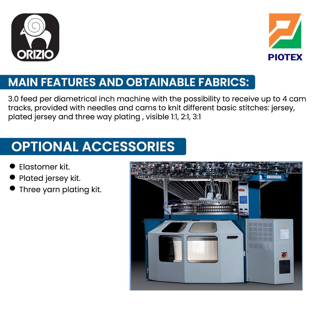 Piotextech's tweet image. 3.0 feed per diametrical inch machine with the possibility to receive up to 4 cam tracks, provided with needles and cams to knit different basic stitches: jersey, plated jersey and three way plating, visible 1:1, 2:1, 3:1

#KnittingMachine #CircularKnitting #TextileInnovation