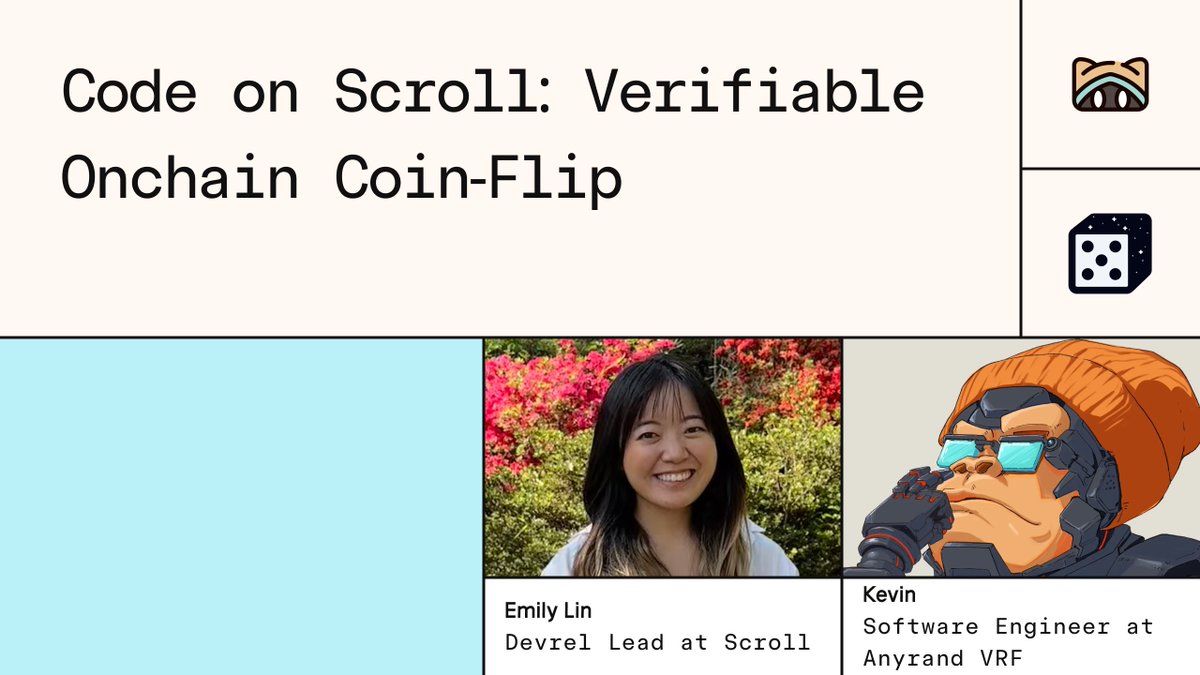 Ever wanted to build verifiably random games of chance? 🛠️

Calling all devs! Join our next Code on Scroll livestream as we explore Verifiable Random Functions. Learn how to use Anyrand VRF to create games of chance with a simple coin-flip app as an example.

🎙️ Speakers: