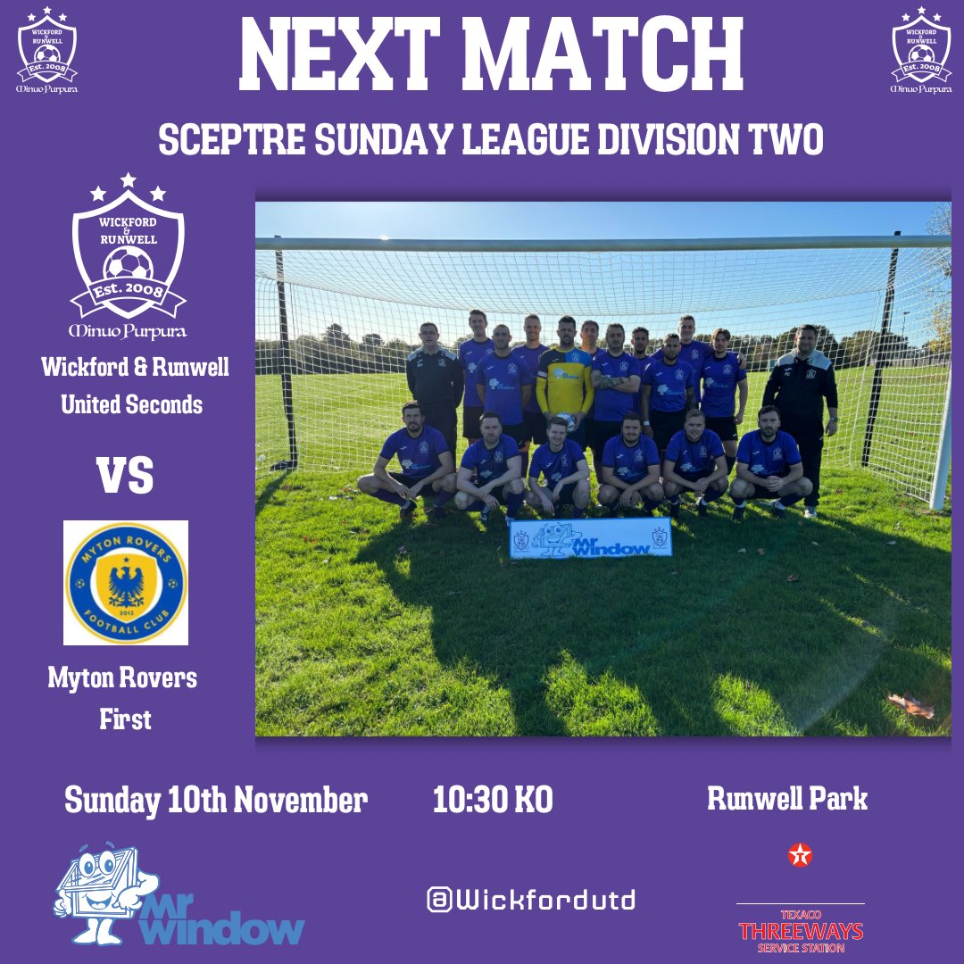 Wickfordutd's tweet photo. This weekend’s fixtures💜

Our firsts travel to @tobyfcsunday in a top of the table clash🤝

No game for our Reserves.

Our seconds welcome @MytonRovers to Runwell Park.

#minuopurpura #football #sundayleague https://t.co/rAX1fqDSas