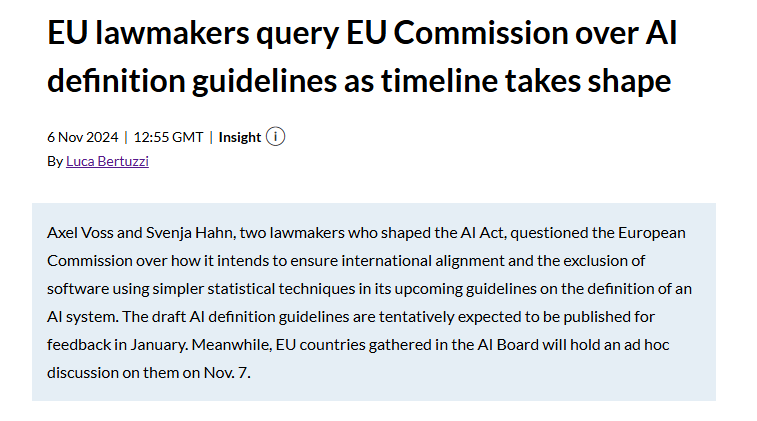 Luca Bertuzzi (@bertuzluca) on Twitter photo <a href="/AxelVossMdEP/">Axel Voss MdEP</a> and <a href="/svenja_hahn/">Svenja Hahn MdEP</a> are questioning the EU Commission about international alignment and the exclusion of traditional software in the upcoming guidelines on #AI system definition. Meanwhile, the timeline for the guidelines is taking shape.
content.mlex.com/#/content/1607… <a href="/AxelVossMdEP/">Axel Voss MdEP</a> and <a href="/svenja_hahn/">Svenja Hahn MdEP</a> are questioning the EU Commission about international alignment and the exclusion of traditional software in the upcoming guidelines on #AI system definition. Meanwhile, the timeline for the guidelines is taking shape.
content.mlex.com/#/content/1607…