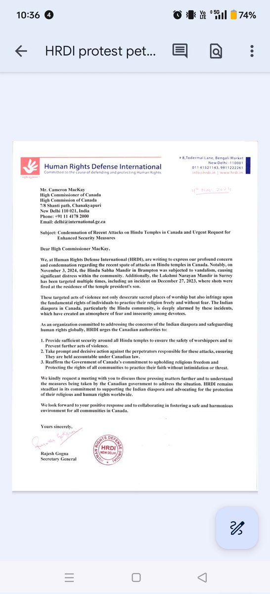 🚨HRDI is  concerned about recent attacks on Hindu temples in Canada  at Hindu Sabha Mandir, Brampton and Lakshmi Narayan Mandir, Surrey. We urge <a href="/PMcanadien/">Premier ministre du Canada</a> to ensure security, swift justice, &amp; uphold religious freedom for all. 🇨🇦🙏 #HRDI #HumanRights
