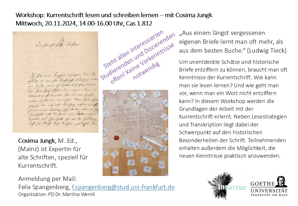ForschungszentrumHistorischeGeisteswissenschaften (@fzhg_frankfurt) on Twitter photo ❗️EVENT TIP❗️
MITTWOCH, Workshop: "Kurrentschrift lesen und schreiben lernen" mit Cosima Jungk.
Anmeldung bitte an f.spangenberg@stud.uni-frankfurt.de
🗓️&📍20.11., 14-16 Uhr, Cas 1.812 ❗️EVENT TIP❗️
MITTWOCH, Workshop: "Kurrentschrift lesen und schreiben lernen" mit Cosima Jungk.
Anmeldung bitte an f.spangenberg@stud.uni-frankfurt.de
🗓️&📍20.11., 14-16 Uhr, Cas 1.812