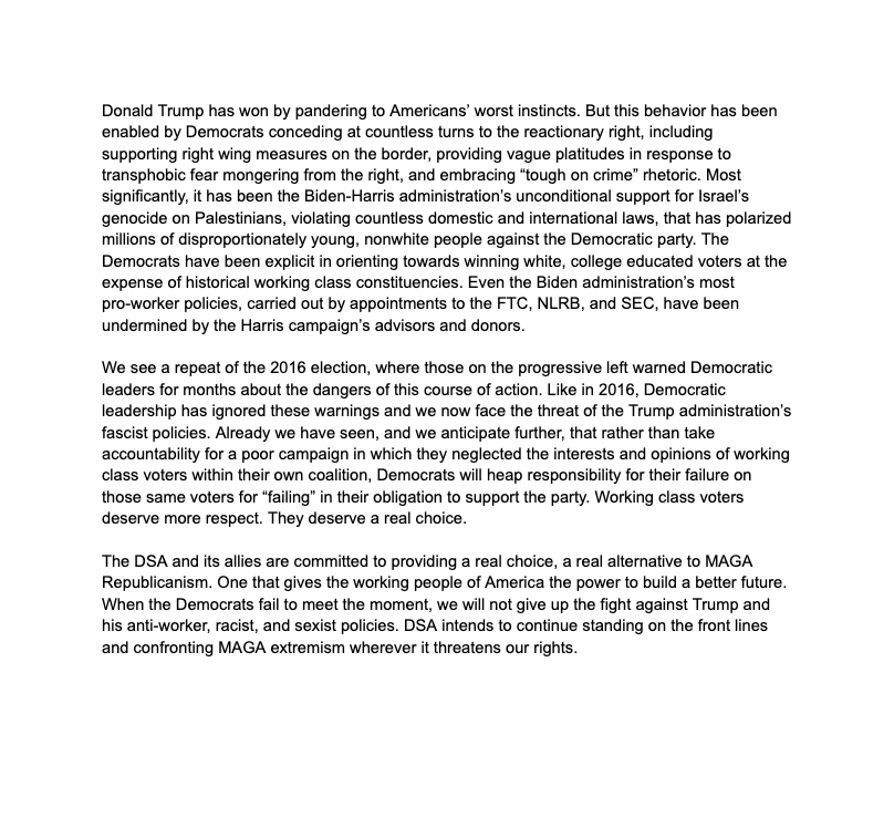 DSASantaFe's tweet photo. Our statement on the 2024 election. This is a moment that marks a difficult time for us all, especially those from marginalized communities. We stand firmly against the fascist beliefs of the MAGA movement, and will continue to fight for a better world. https://t.co/sP55aumQYl