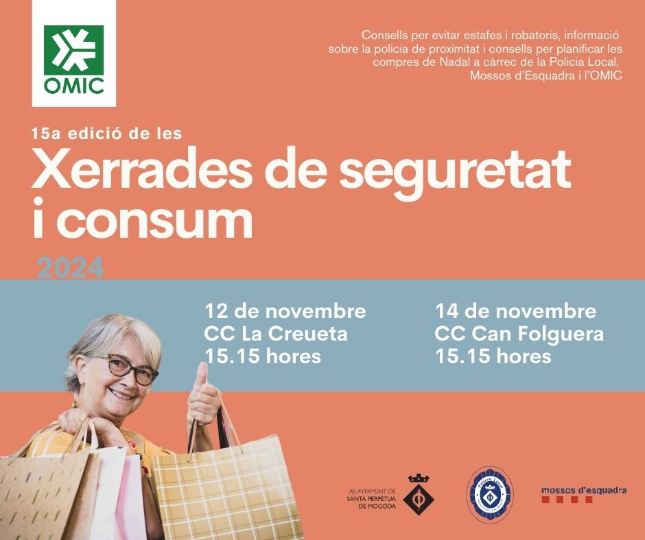 🛍️ [CONSUM] 

Arriba la 15a edició de les Xerrades de Seguretat i Consum

A càrrec de l'OMIC, <a href="/policiaSPM/">Policia Local SPM</a> i <a href="/mossos/">Mossos</a> adreçades a persones consumidores i gent gran.

📆 12/11, a les 15.15 h 
📍 CC La Creueta 

📆 14/11, a les 15.15 h 
📍 CC Can Folguera

staperpetua.cat/ajuntament/pla…