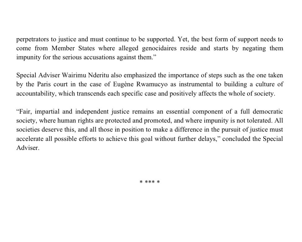 UN Genocide Prevention (@unosapg) on Twitter photo 📌 Latest statement by the Special Adviser <a href="/WairimuANderitu/">Alice Wairimu Nderitu</a>, noting the decision by a Paris court to sentence
former Rwandan doctor Eugène Rwamucyo to 27 years in prison for his involvement in the 1994
genocide against the Tutsi in #Rwanda ⬇️
📰🔗 un.org/sites/un2.un.o… 📌 Latest statement by the Special Adviser <a href="/WairimuANderitu/">Alice Wairimu Nderitu</a>, noting the decision by a Paris court to sentence
former Rwandan doctor Eugène Rwamucyo to 27 years in prison for his involvement in the 1994
genocide against the Tutsi in #Rwanda ⬇️
📰🔗 un.org/sites/un2.un.o…
