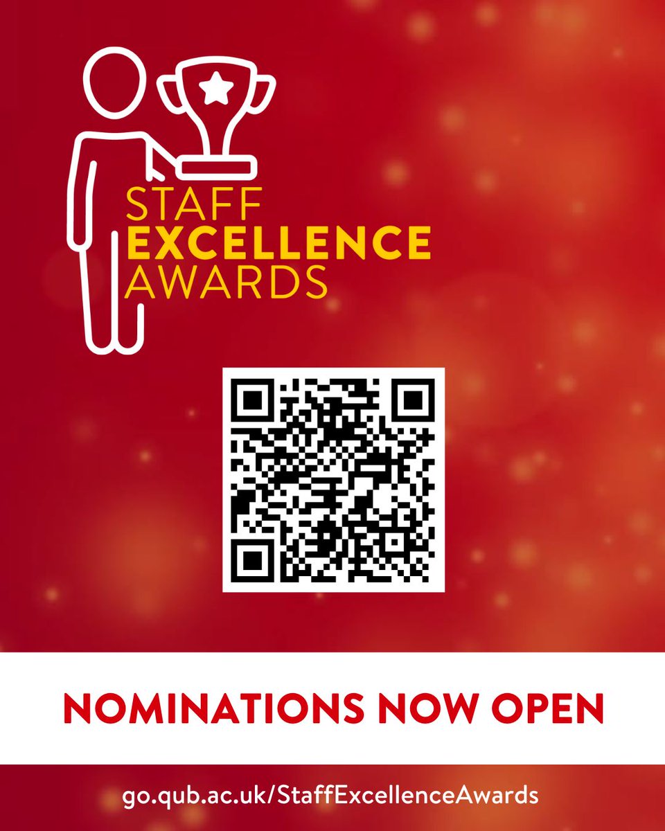 Nominations are now open for the Staff Excellence Awards, including the NEW Student Choice Award! 

Celebrate Queen's staff who make a difference!

Submit your nomination via the QR code or 👉go.qub.ac.uk/staffexcellence