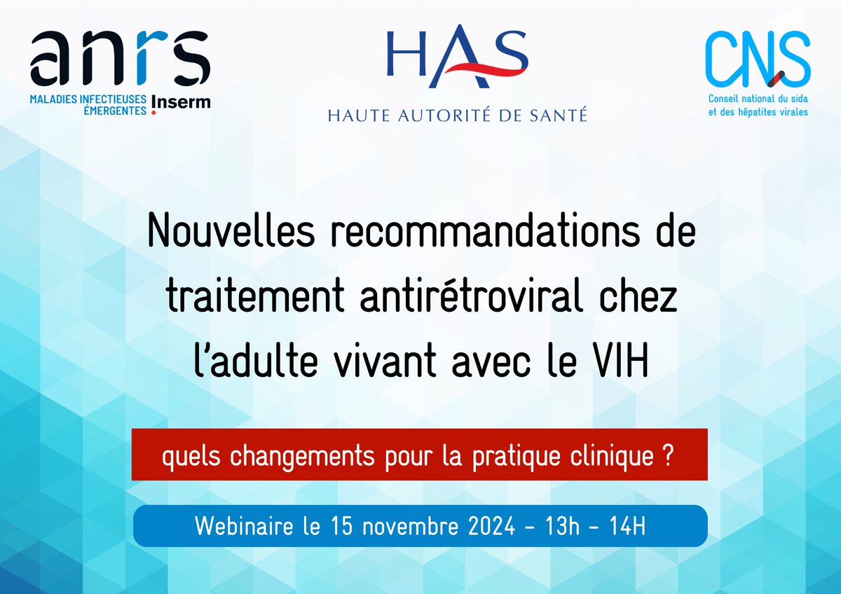 CNSsante's tweet image. 🗓️ WEBINAIRE #ARV 
➭ Vendredi 15 novembre 13h
➭ Accès libre
➭ Présentation des nouvelles recommandations sur le traitement antirétroviral chez l'adulte vivant avec le VIH par le Pr André Cabié (pilote du groupe de travail). 
@agenceANRS @cns_sante  
urlr.me/VchQz