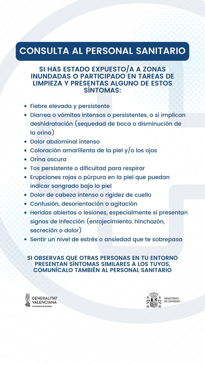 GVA112's tweet image. 🧹Si en las tareas de limpieza de las zonas inundadas por la #DANA te has realizado una herida cortopunzante o abrasiva, acude a un punto sanitario para valorar si es necesaria la vacuna antitetánica.

🧑‍⚕️Comunica al personal sanitario si tienes mareos, fiebre, diarrea, o alguno…