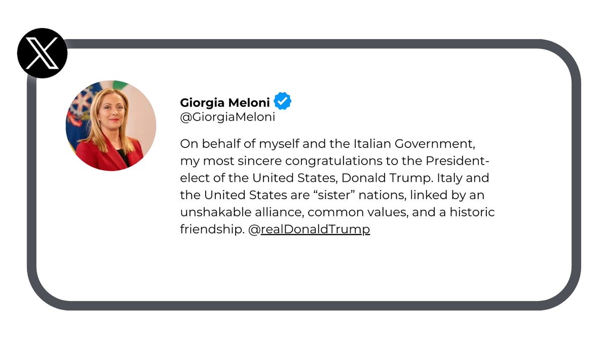 NewsX's tweet photo. #RoadTo270| Italian Prime Minister @GiorgiaMeloni congratulates @realDonaldTrump, emphasizing the importance of their strong ties and shared values.]

#USElections2024 #USElections #DonaldTrump
#NewsX #Meloni 

Watch all the US Election updates on #NewsX

Watch Here: https://t.co/3nksRys0HU