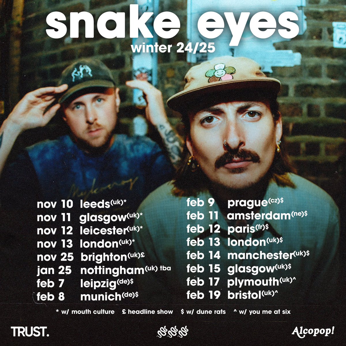 snake eyes (@wehavesnakeeyes) on Twitter photo snake eyes uk/eu winter tour dates start this sunday with a sold out <a href="/thekeyclubleeds/">The Key Club</a> with mouth culture
🎉🎉🎉
wanna warm up from the cold with a mint rock show? grab ya tickets here now
✌️🎟️
wehavesnakeeyes.com/tour-dates snake eyes uk/eu winter tour dates start this sunday with a sold out <a href="/thekeyclubleeds/">The Key Club</a> with mouth culture
🎉🎉🎉
wanna warm up from the cold with a mint rock show? grab ya tickets here now
✌️🎟️
wehavesnakeeyes.com/tour-dates