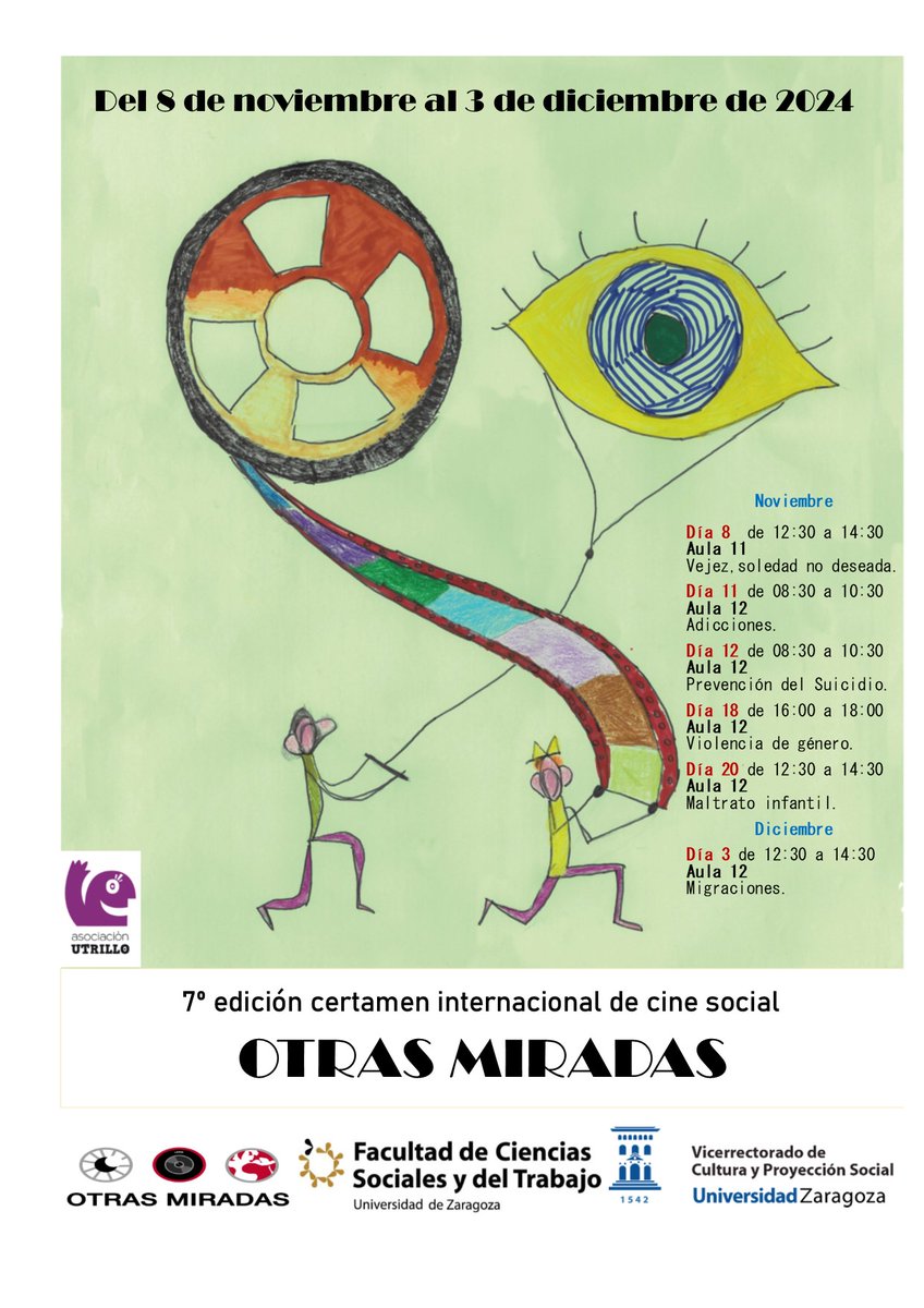 Celebración de la 7ª edición del Certamen “Otras miradas” 2024 en <a href="/fcst_unizar/">Facultad de Ciencias Sociales y del Trabajo</a>. Cuentan con el apoyo de la Facultad, del Vicerrectorado de Cultura y Poyección Social y la Asociación Utrillo.
Son seis sesiones en las aulas de <a href="/fcst_unizar/">Facultad de Ciencias Sociales y del Trabajo</a> en colaboración con nuestro profesorado.