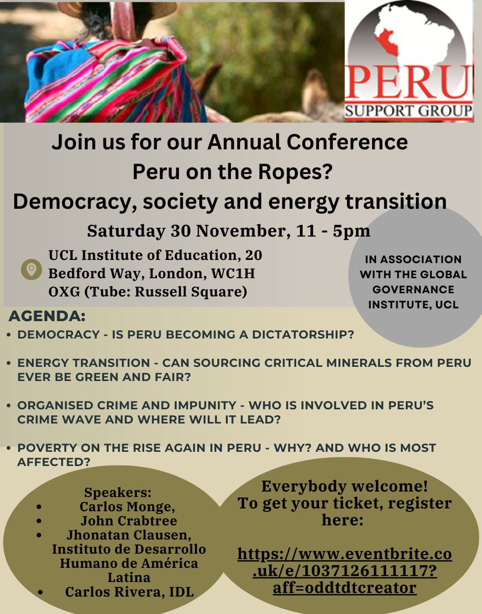 Perusupport's tweet photo. With less than a month to go, don't miss out and get your tickets now! 

Join us on Saturday, 30th November, at UCL Institute of Education, for a thought-provoking discussion on current state of Peru’s democracy, society, and energy transition. 

https://t.co/F8EacCD3ZM https://t.co/pvWQ9lIkjo