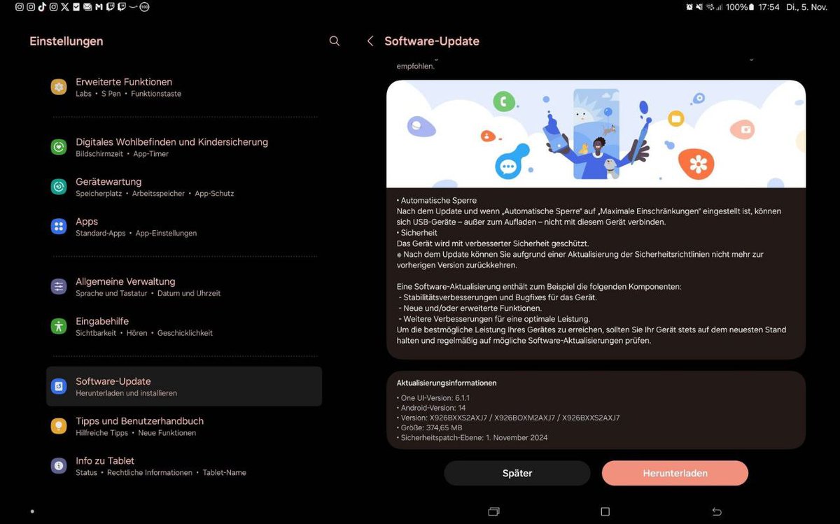 ultimate_phyco's tweet photo. Galaxy Tab S10 series' 5G and WiFi gets November patch in Europe
#samsung #samsungupdate #GalaxuytabS10 #Novemberpatch https://t.co/Ol7rqEYZca