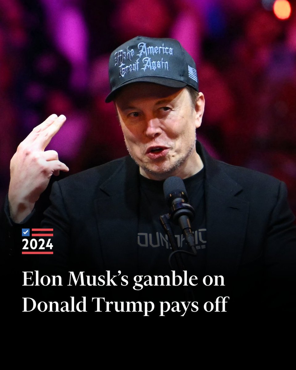 FT's tweet photo. Donald Trump’s impending win ushers in a new era for Elon Musk whose gamble on a knife-edge US election paid off as he is set to become one of the president’s most influential political and business advisers. https://t.co/oLdKlUv5VP https://t.co/3jvP9O5GvX