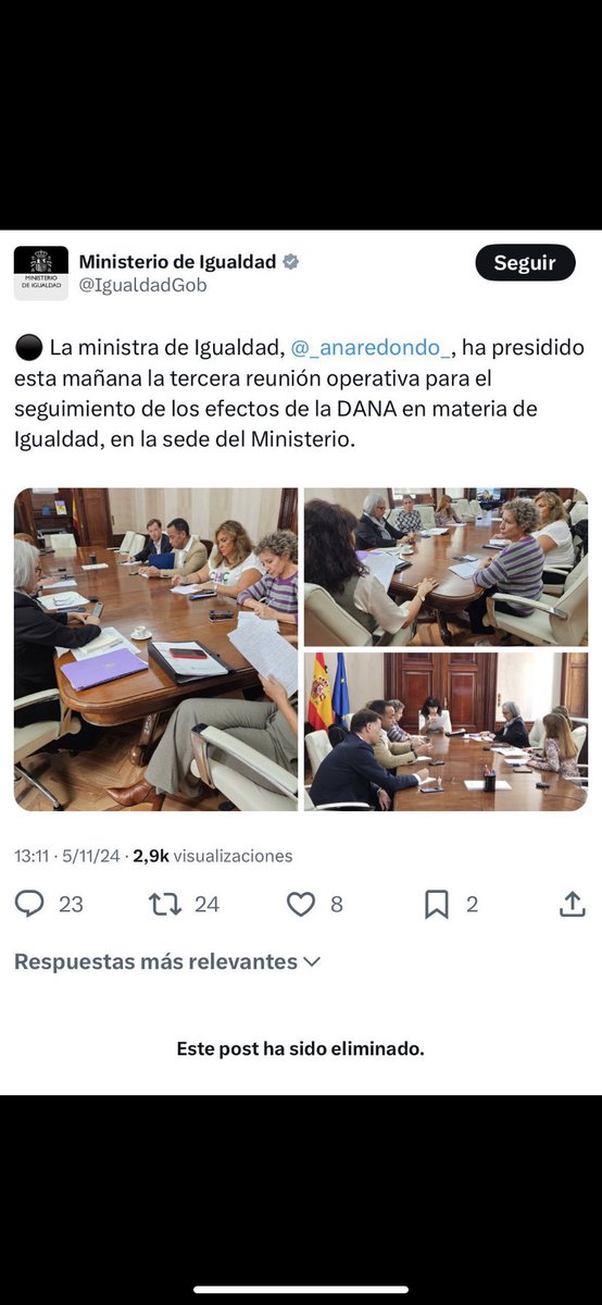 Mientras tanto, en España, tras la catastrofe de la DANA, las ministras de igualdad, siguen “trabajando en los efectos de la DANA en materia de igualdad”. La ministra sostiene un papel en el que pone “Este es nuestro momento”. Que sigan cagandote en la boca.