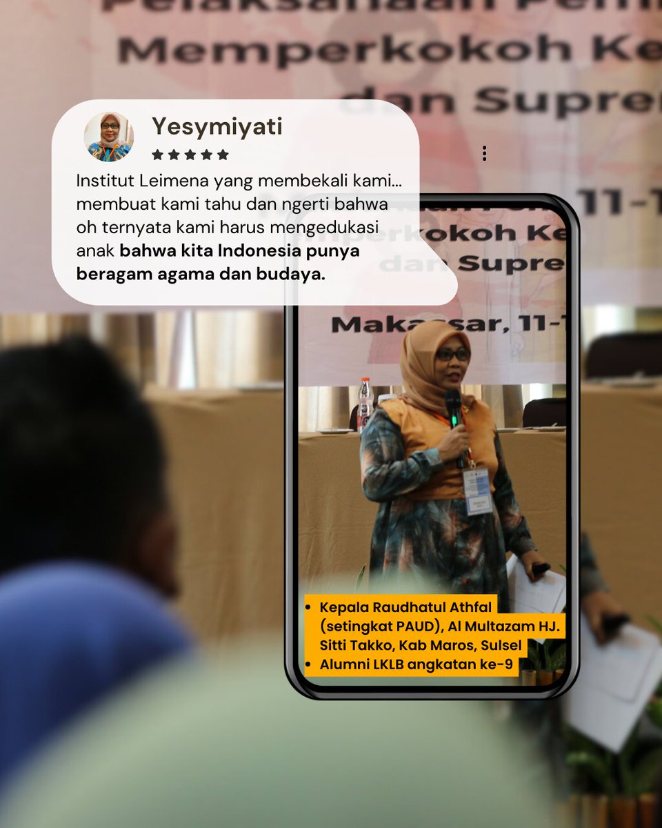 institutleimena's tweet photo. Yesymiyati menyampaikan beragam manfaat yang telah diperolehnya dengan menjadi alumni dari program Pelatihan LKLB.

Beliau adalah Kepala Raufhatul Athfal (setingkat PAUD), AI Multazam HJ. Siti Takko, Kab Maros, Sulsel.

Nantikan Talkshow Yesymiyati bersama alumni LKLB lainnya! https://t.co/F5z6YCZMvl