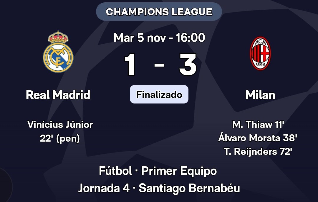 Derrota ante el Milan en la cuarta jornada de la primera fase de la Champions