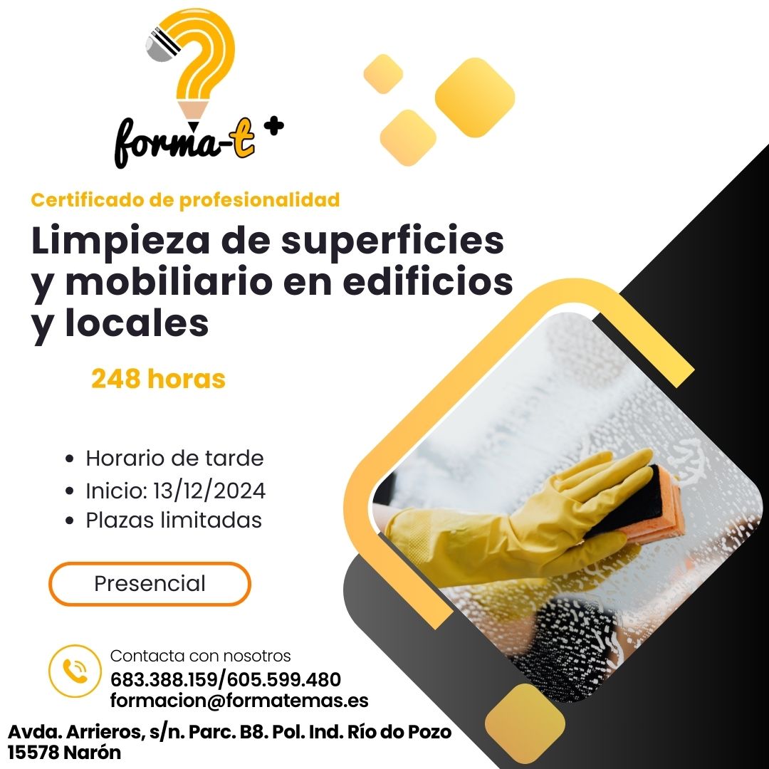 📢📢COMPARTIR POR FAVOR📢📢
Certificado de Profesionalidad de "Limpieza de Superficies y Mobiliario en Edificios y Locales"
- Horario de Tarde
- Inicio: 13/12/2024
- Plazas Limitadas
- Becas y ayudas para el alumnado