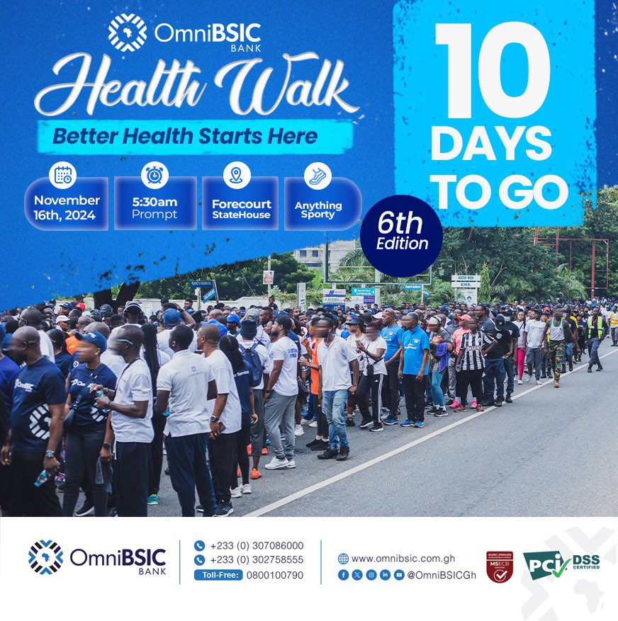 10 Days More 🗓️ 

Come network, explore and partner with industry players #OmniBSICHealthWalk 🏃‍♂️🏃‍♀️ . 

Date: 16th November, 2024
Location: Forecourt, State House
Time: 5:30am 

You are all invited. 

#OmniBSICBank #BestBanksInGhana 
omnibsic.com.gh