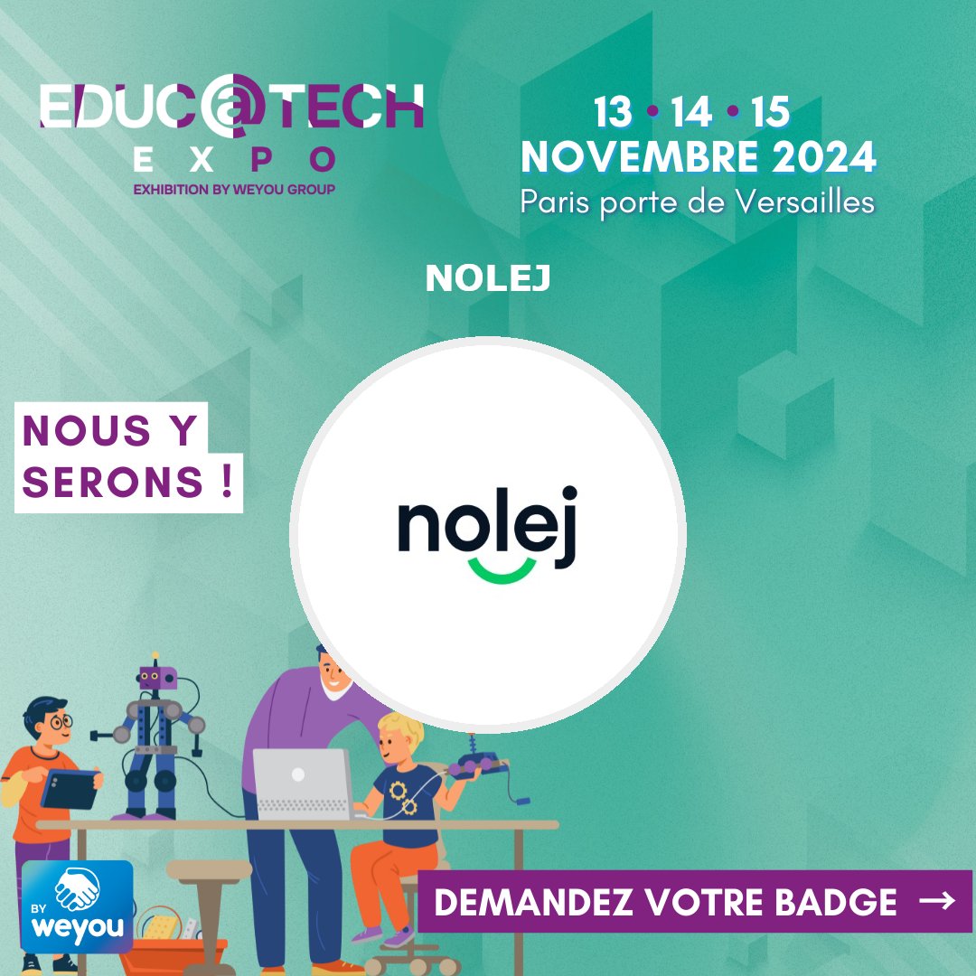 📣 nolej débarque à <a href="/educatechexpo/">Educatech Expo</a> !

📍 Rdv sur notre stand G32 du 13 au 15/11
📅 Ne manquez pas nos conférences et ateliers sur l’IA en éducation !

<a href="/NBelkhdim/">Nejma Belkhdim</a> <a href="/UPJV_Univ/">Université de Picardie Jules Verne</a>
<a href="/CCIBdxGironde/">CCI Bordeaux Gironde</a> <a href="/Academie_Paris/">Académie de Paris</a> <a href="/LibraireLDE/">Librairie LDE</a>

#Educatech2024 #EdTech #IA #Éducation