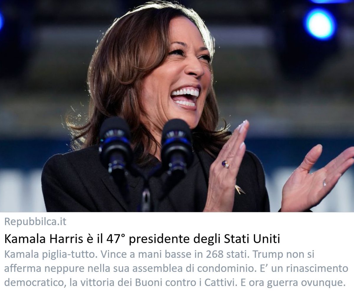 repubbilca's tweet image. Kamala Harris è il 47° presidente degli Stati Uniti. Donna, negra, intelligente e preparata, Kamala si afferma con il 136% dei consensi in oltre 268 stati. Trump in miseria, come si merita. E ora tutti a testa bassa a rinfocolare i conflitti in Ucraina e Israele.