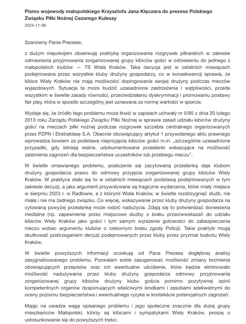 WislackaBrac's tweet image. 🔴 Jak powiedział tak zrobił. Wojewoda Krzysztof Klęczar wysłał pismo do @pzpn_pl w sprawie niewpuszczania Nas na mecze wyjazdowe. 

Patrząc przez pryzmat tego, że dotychczas wojewodowie słynęli z zamykania stadionów, to ta postawa zasługuje na szacunek. 🔵⚪️🔴💪🏻
@Malopolski_UW