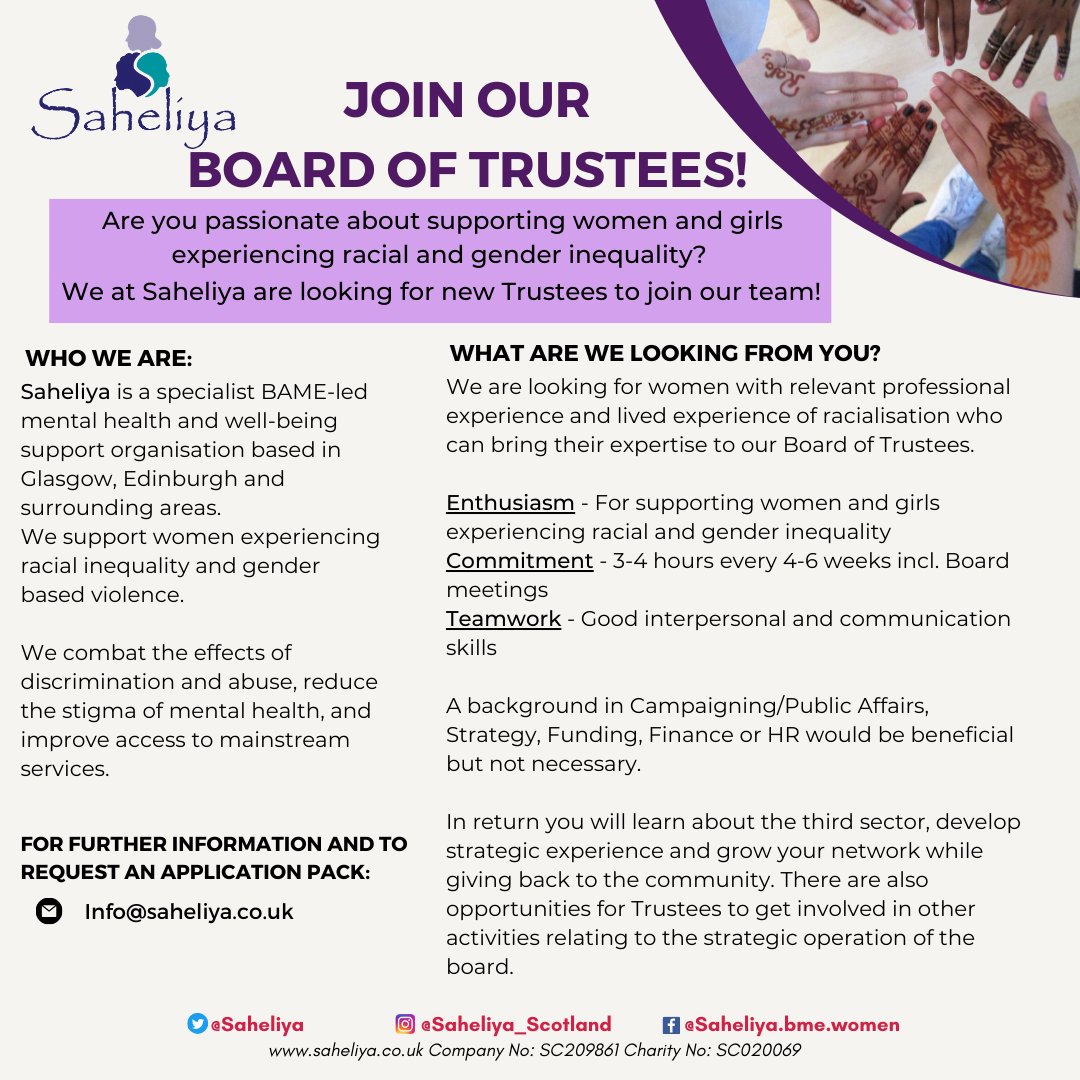 Are you passionate about supporting women and girls experiencing racial and gender inequality?

Here at Saheliya we are looking for new #Trustees to join our wonderful team! See below for further information or email us at info@saheliya.co.uk for an application pack
