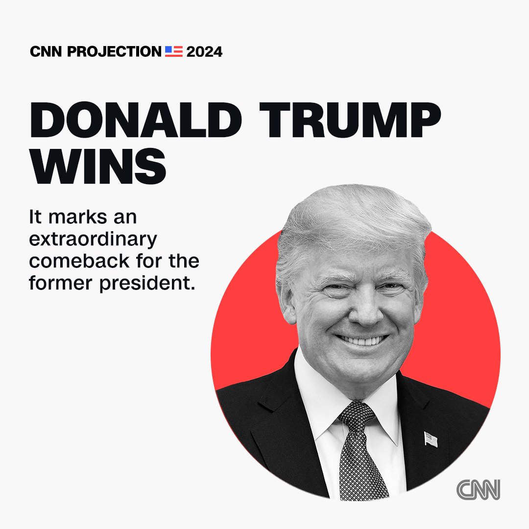 CNNPolitics's tweet photo. Donald Trump will win the 2024 presidential election, CNN projects, marking an extraordinary political comeback and a moment of historic consequence. https://t.co/8Sigz2mbx1 https://t.co/8VFA0ypnNQ