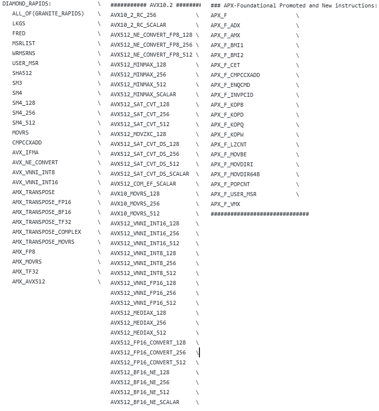 InstLatX64's tweet photo. #Intel #XED commit, sync with 55th ISA Ext guide.
#DiamondRapids unifies the (almost) entire x86/x64 ISA,
all #AVX, #AMX and #APX versions will be implemented:
https://t.co/2ZnX6y6gvI
only the postponed #RAO_INT, #TSE and #MSR_IMM (2 insts) from #ClearwaterForest will be missing https://t.co/pp5wj4Eo8G