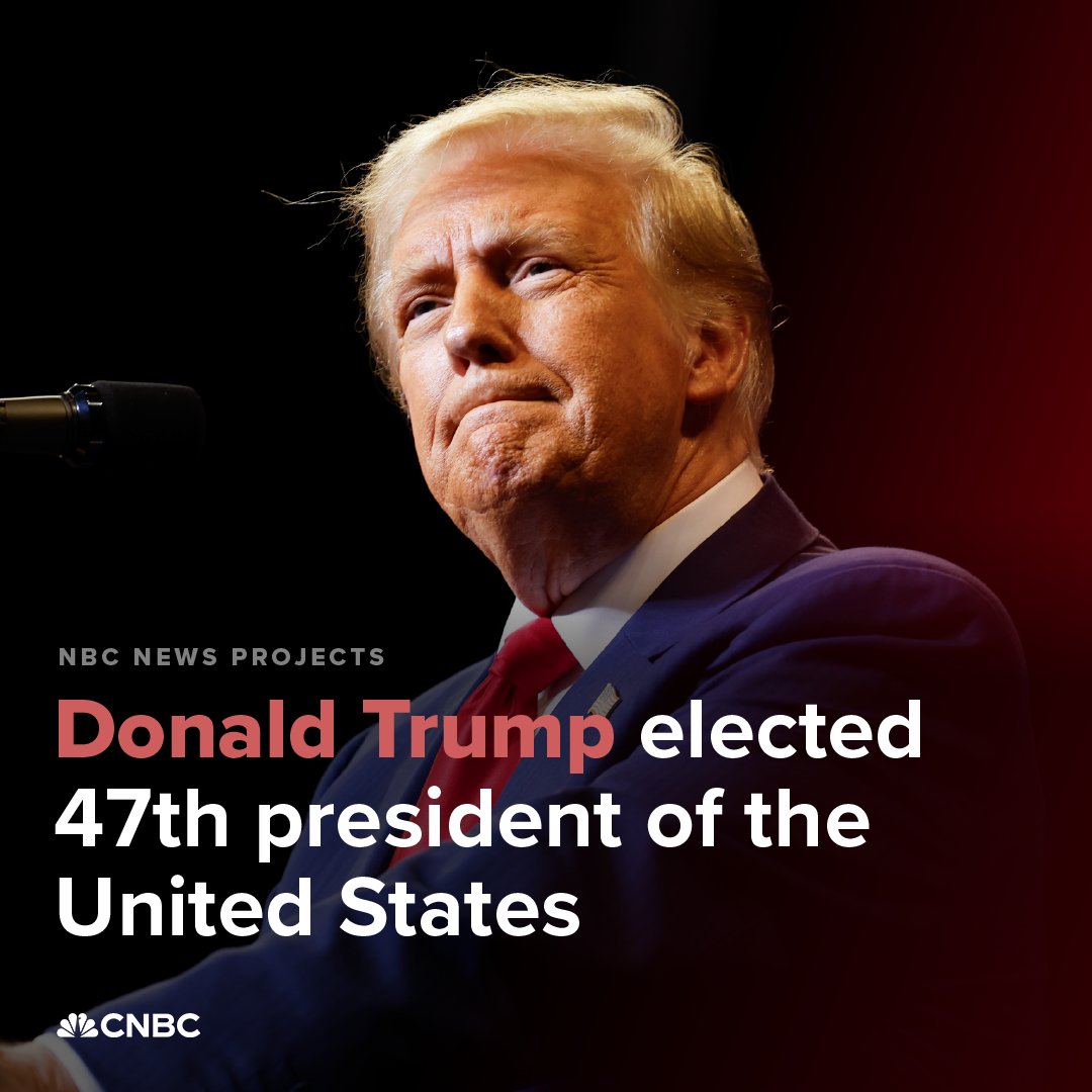 CNBC's tweet image. Republican presidential nominee Donald Trump will defeat his Democratic rival Kamala Harris and return to the White House for another four years, NBC News projects.

Full details: cnb.cx/3Cjd9jB