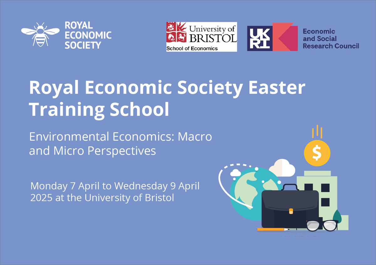 📣The 2025 RES #EasterSchool will be hosted by <a href="/BristolUni/">University of Bristol</a> on 'Environmental Economics: Macro and Micro Perspectives'. Book your place today!

🗓️7-9 April 2025
⏰Deadline for applications 9 December 2024
👉bit.ly/3OUUNaL

#econtwitter #RESEvents #PhDStudents