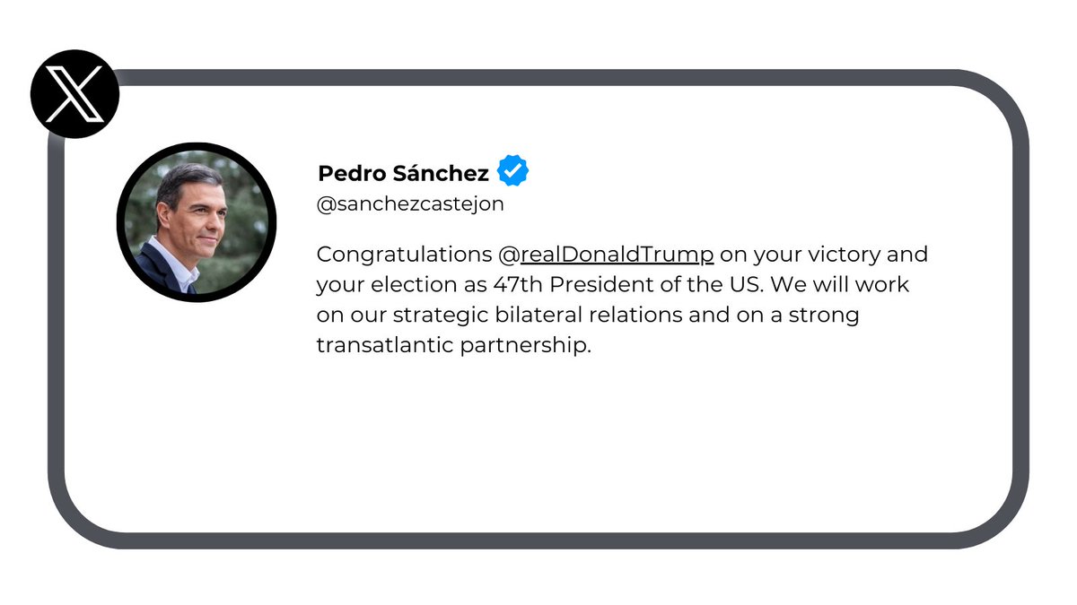 NewsX's tweet photo. #RoadTo270| Spanish Prime Minister Pedro Sánchez (@sanchezcastejon) congratulates @realDonaldTrump on his victory, emphasizing the importance of transatlantic cooperation.
#USElections2024 #USElections #DonaldTrump #NewsX
Watch all the US Election updates on #NewsX
Watch Here: https://t.co/3nksRys0HU