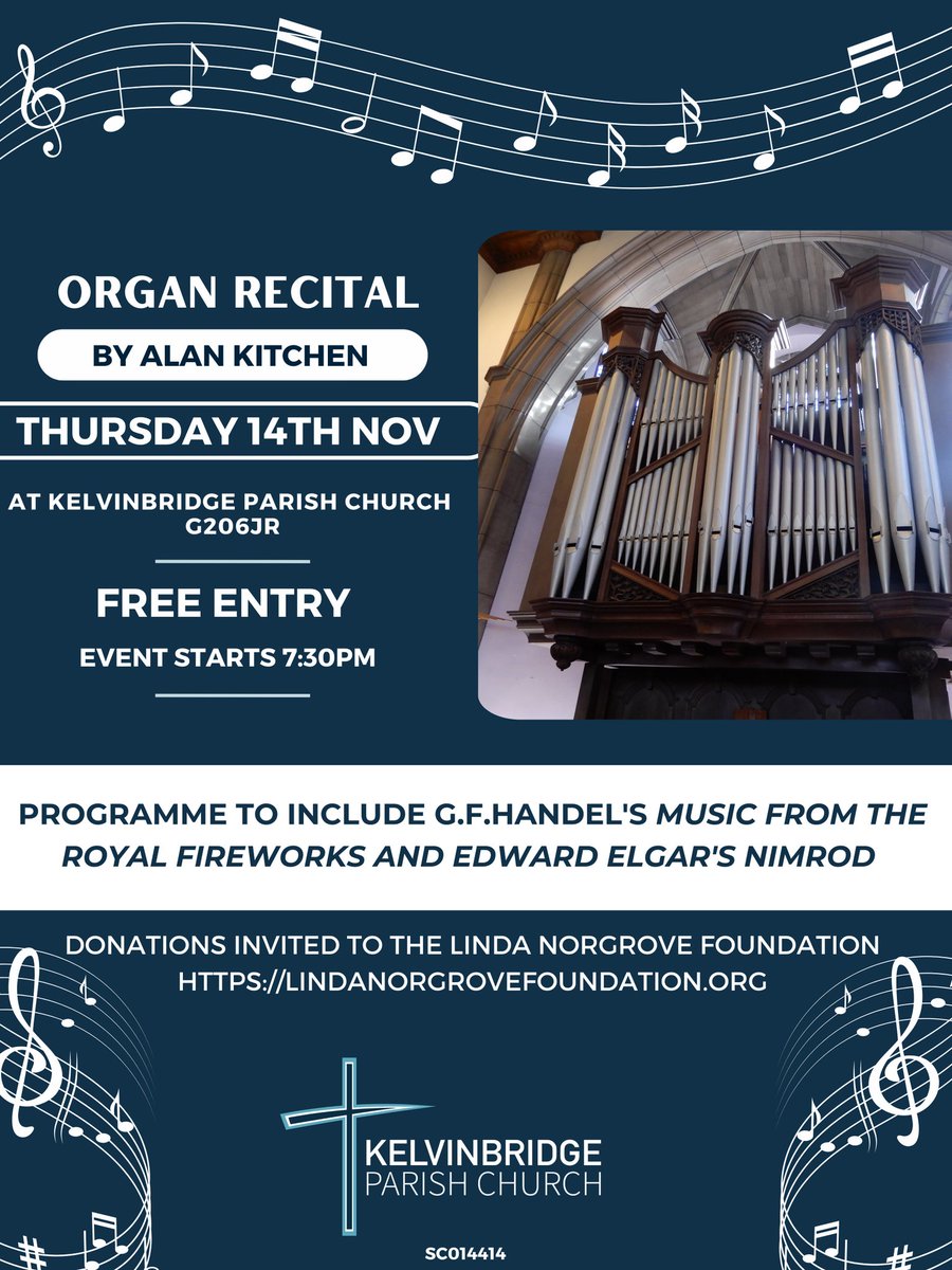 Organ Recital by Alan Kitchen
Thurs 14 Nov, 7.30 pm 
Kelvinbridge Parish Church
Last chance to hear this fine 1903 JJ Binns organ before the building closes as a church