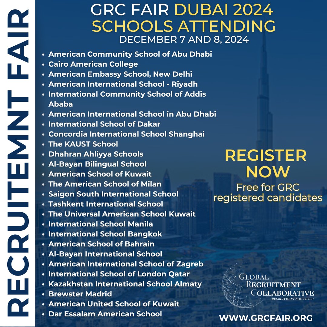 Your Next Opportunity Awaits!
Join us at the GRC Dubai 2024 Fair to connect with leading international schools. Whether advancing your career or exploring new opportunities, this is your moment! Register now for free! grcfair.org