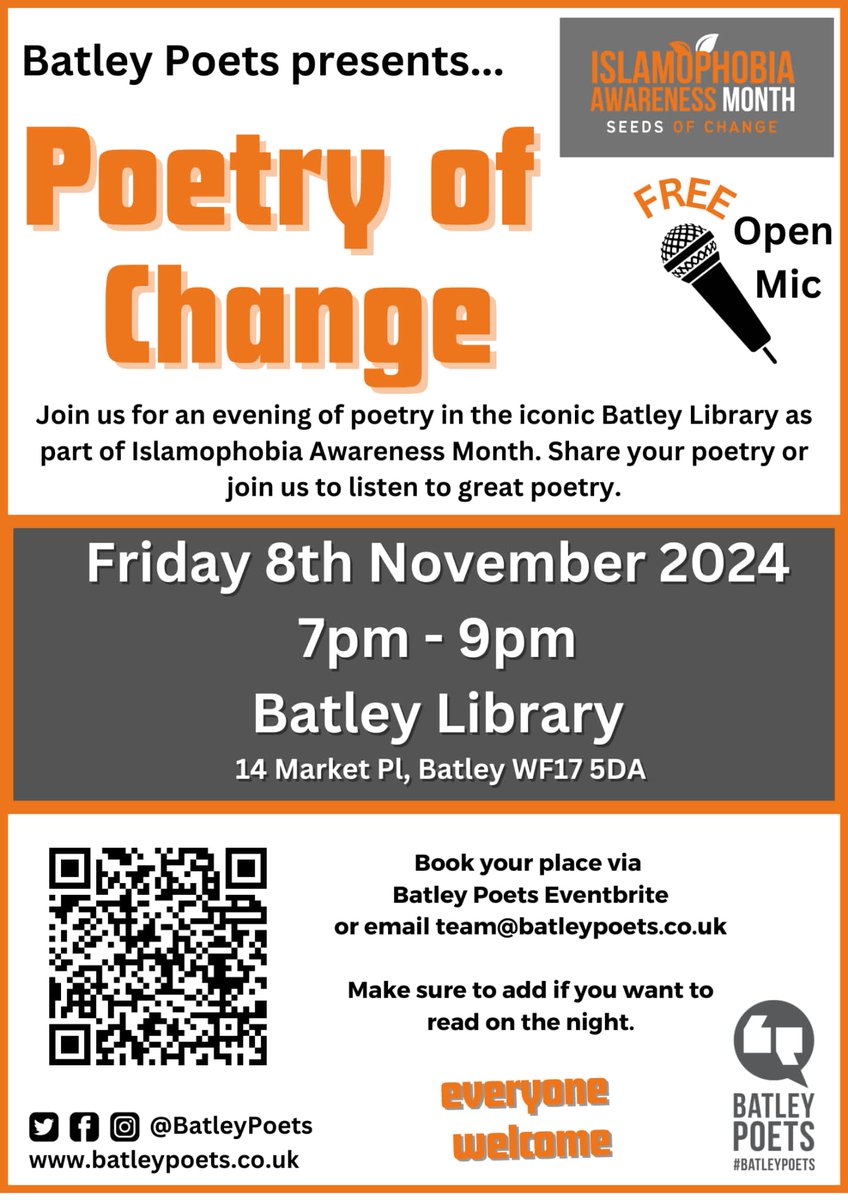 Just a few days to go until our Islamophobia Awareness Month Poetry Open Mic. 

Everyone's welcome to share poetry or have a cuppa and chat to new friends

#PoetryOfChange #IslamophobiaAwarenessMonth