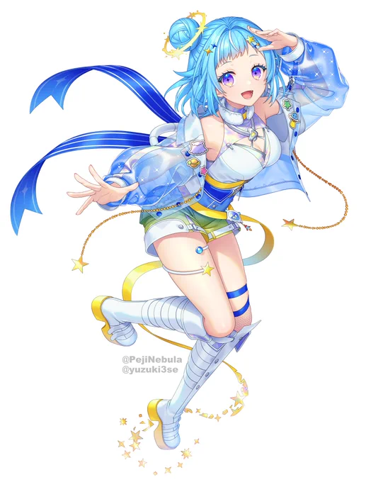 【お仕事告知】 VTuber「ペジ・ネビュラ」ちゃん(#PejiNebula)のキービジュアルと三面図を担当させて頂きました! 透明感とキラキラ感こだわってます!お衣装も隅々までご覧くださいませ!