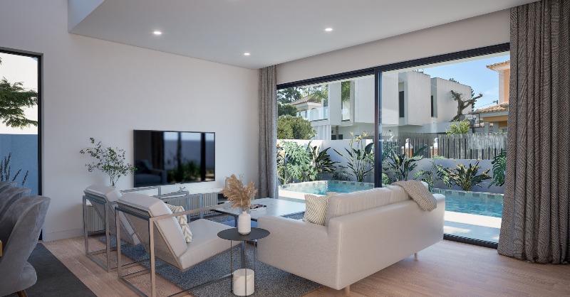 hgdesign3D's tweet photo. Decoração contemporânea e vista para a piscina e jardim no nosso projeto 3D para a Aroeira. A visualização 3D realça a elegância do espaço. 🛋️💧 #Arquitetura #3DVisualization https://t.co/YMChngrGqZ