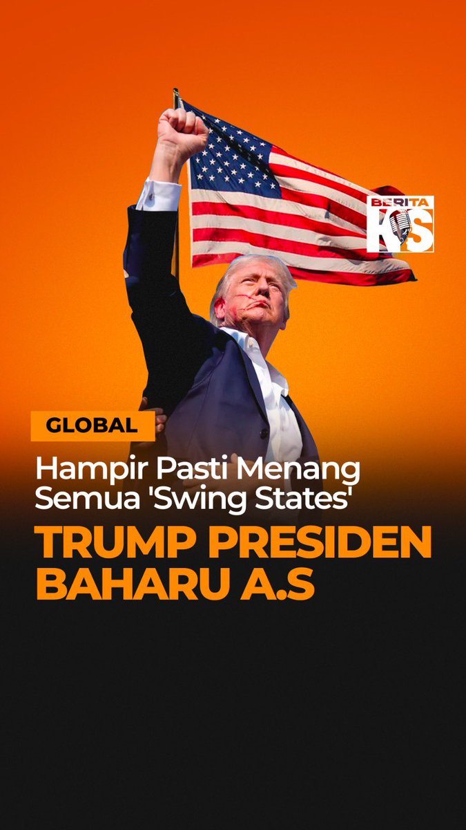 Menang Semua ‘Swing States’
TRUMP PRESIDEN BAHARU A.S

Calon Presiden Amerika Syarikat dari Republikan, Donald Trump telah dipilih sebagai Presiden baharu Amerika Syarikat.

Ketika ini, Trump telah menerima 276 undi elektoral, melepasi jumlah minimum 270 untuk menjadi Presiden