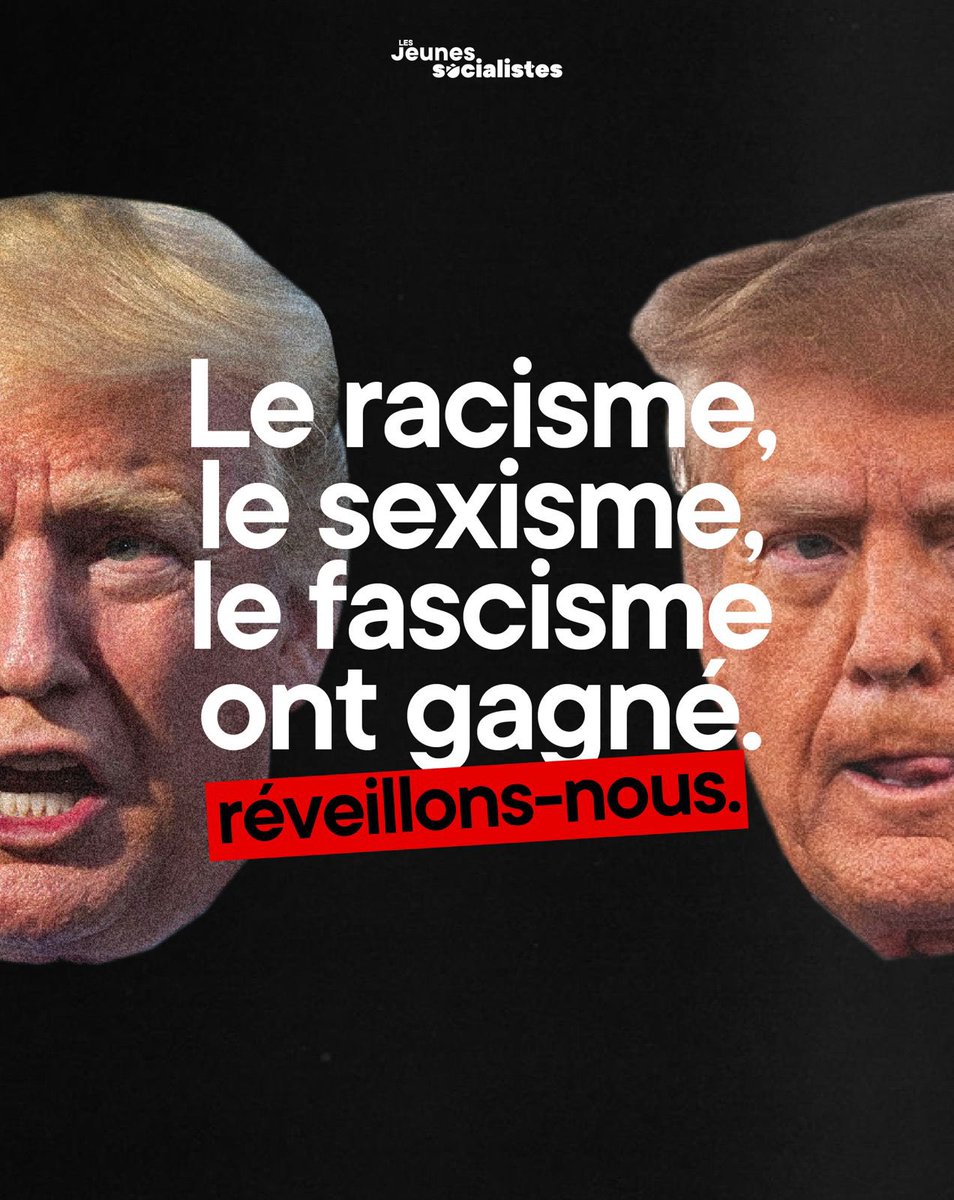 lesJeunesSoc's tweet photo. Aujourd’hui, le racisme, le sexisme et le fascisme ont gagné.

Réveillons-nous et agissons ensemble pour éviter le pire et stopper le projet autoritaire et anti-démocratique de #Trump.

#Election2024 https://t.co/qjSI2Ezv8E