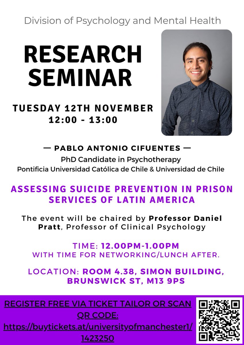 Next week we welcome Pablo Antonio Cifuentes from Pontificia Universidad Católica de Chile &amp; Universidad de Chile to <a href="/OfficialUoM/">The University of Manchester</a> to present on "Assessing Suicide Prevention in Prison Services of Latin America". Chaired by <a href="/FBMH_UoM/">UoM Biology, Medicine and Health</a> <a href="/daniellpratt/">Dan Pratt</a>
tickettailor.com/events/univers…