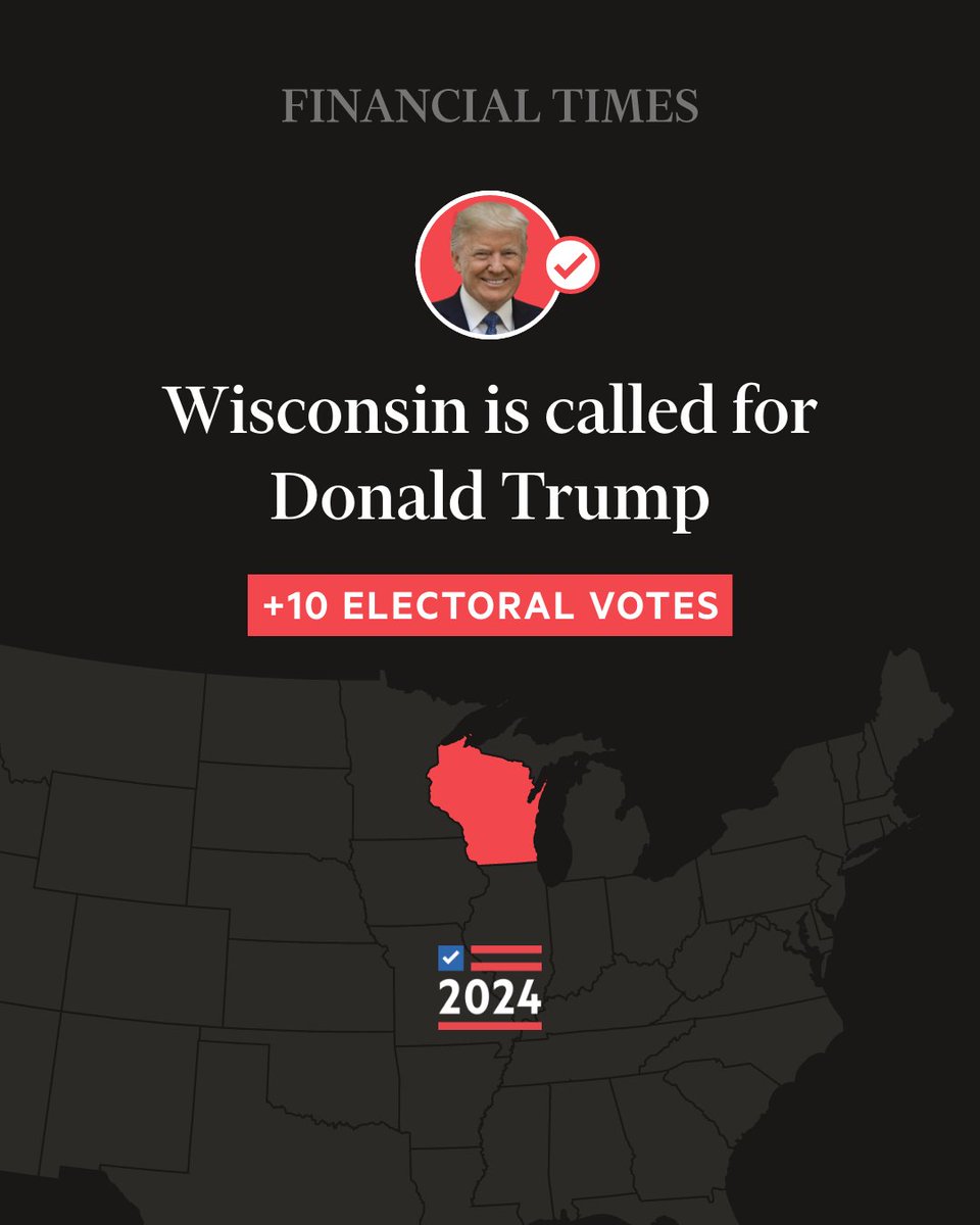 FT's tweet photo. Breaking news: Donald Trump has won the US presidential election after gaining Wisconsin’s 10 electoral votes. 

Get the latest updates here: https://t.co/yscyy1NK6P https://t.co/UrhwqVdZ6g