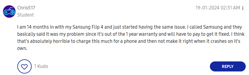 matthysdt's tweet photo. New #BatteryGate scandal loading? @SamsungMobile  firmware updates for OneUI reportedly breaking many Galaxy Flip phones out of warranty. Thousands of comments online, most report the issue after the software update. It presents like a hardware failure. #DontUpdateYourFlipOrFold https://t.co/TO28EkqdlN