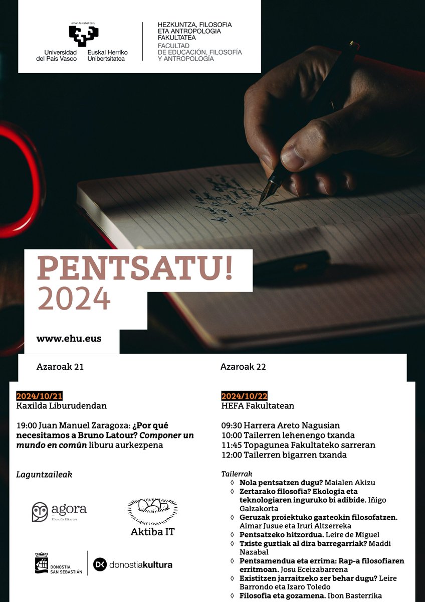 🧠Pentsatu! 2024 jaialdia ate joka dugu!

📆Azaroak 21 · <a href="/K_Xilda/">KAXILDA</a> 
Juan Manuel Zaragozaren hitzaldia

📆Azaroak 22 · @ehuHEFA
9:30 Harrera
10:00 Tailerren 1. txanda
11:45 Topagunea
12:00 Tailerren 2. txanda

👇Irudian, tailerren nondik norakoak eta gidariak
