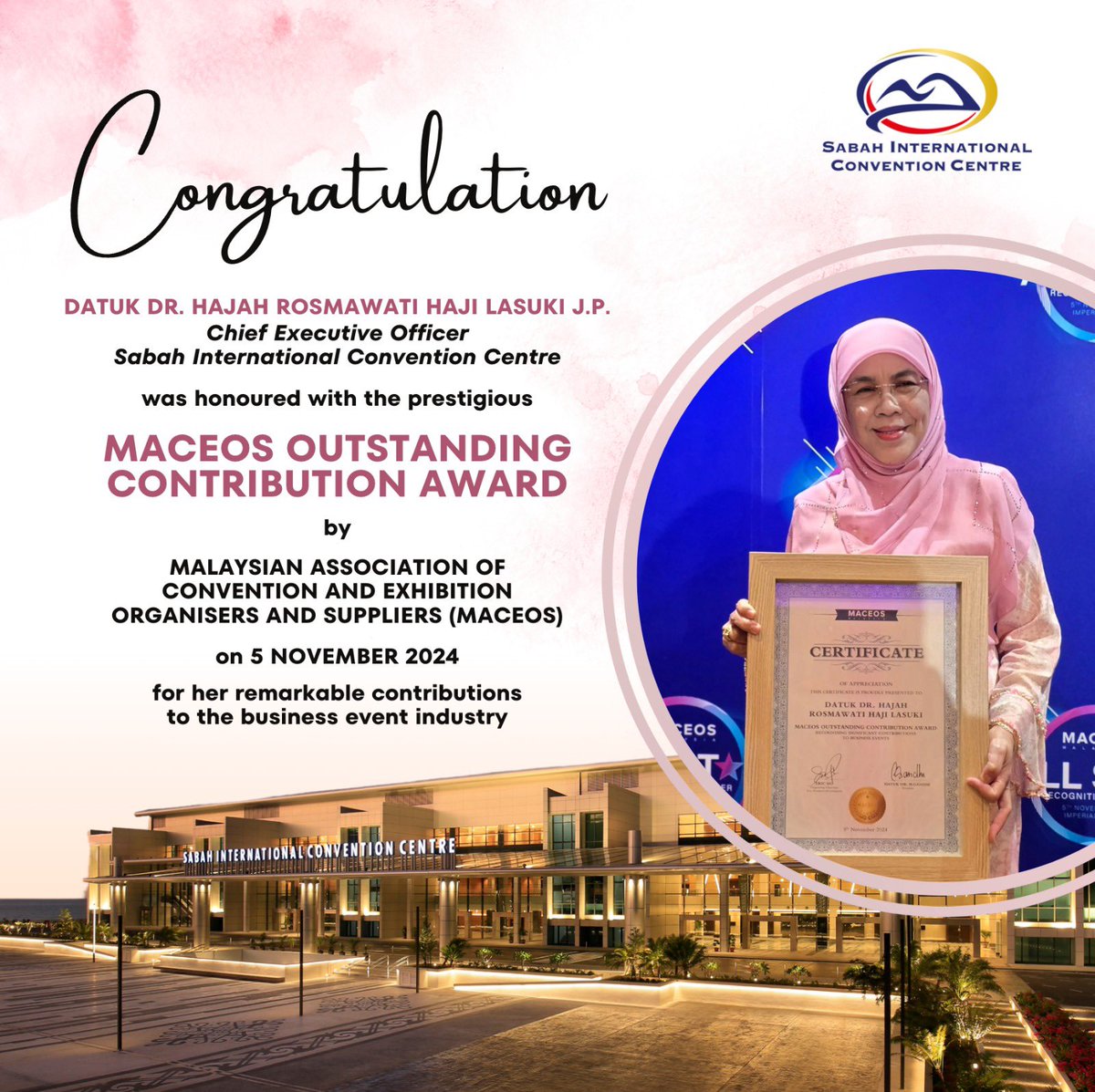 Congratulations are in order to Datuk Dr. Hajah Rosmawati Haji Lasuki, J.P, CEO of SICC, was honored with MACEOS Outstanding Contribution Award by Malaysian Associate of Convention and Exhibition Organisers and Suppliers (MACEOS) at Imperial Lexis Kuala Lumpur. 🏆🌟