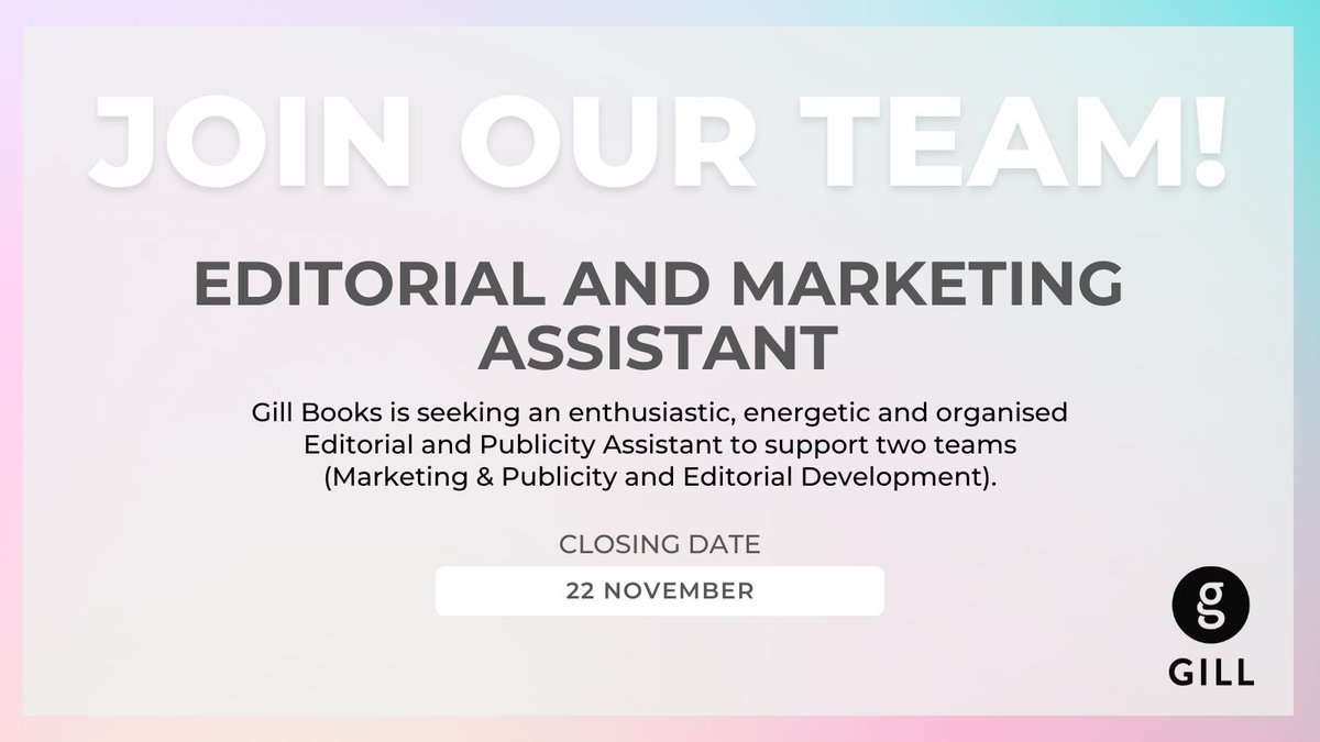 Gill_Books's tweet image. We&apos;re hiring! ✨ Full job description here: gillbooks.ie/dear-reader/we… 

#jobfairy #irishjobs #publishing